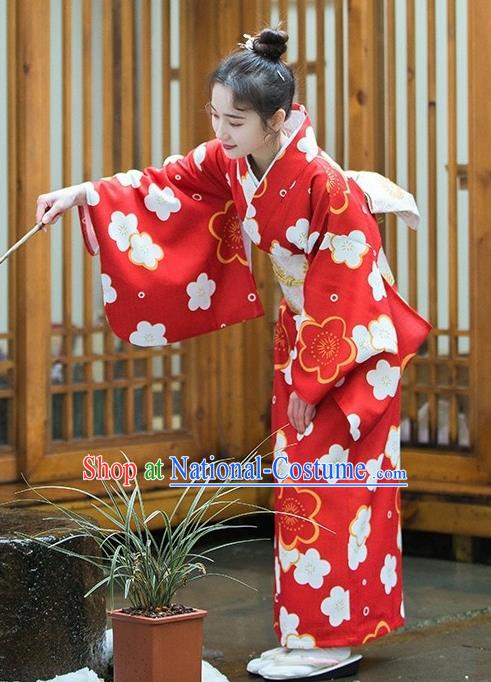 Japanese Handmade Red Kimono Costume Japan Traditional Printing Sakura Yukata Dress for Women