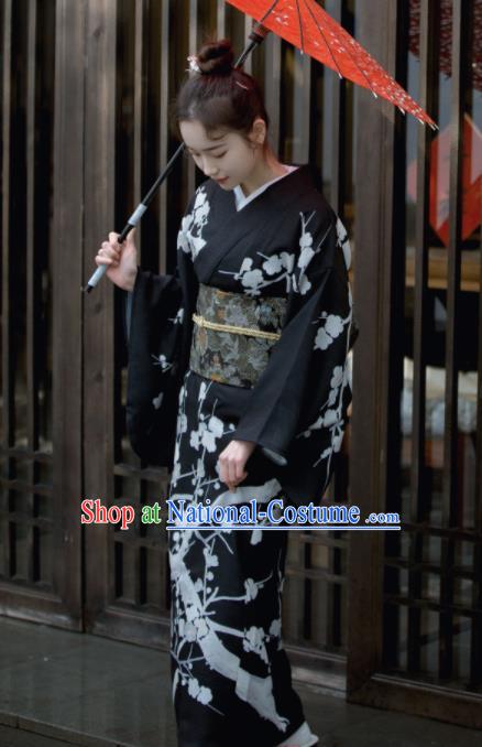 Japanese Handmade Printing Sakura Black Kimono Costume Japan Traditional Yukata Dress for Women