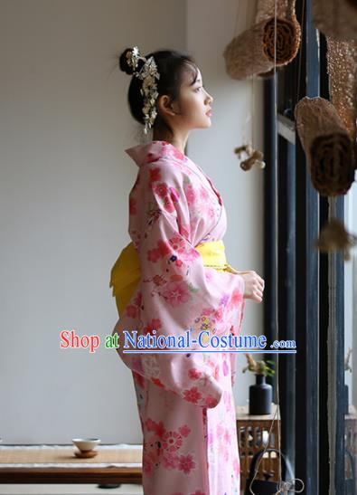 Japanese Handmade Printing Sakura Pink Kimono Costume Japan Traditional Yukata Dress for Women