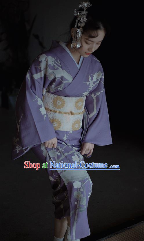 Japanese Handmade Printing Sakura Light Purple Kimono Costume Japan Traditional Yukata Dress for Women