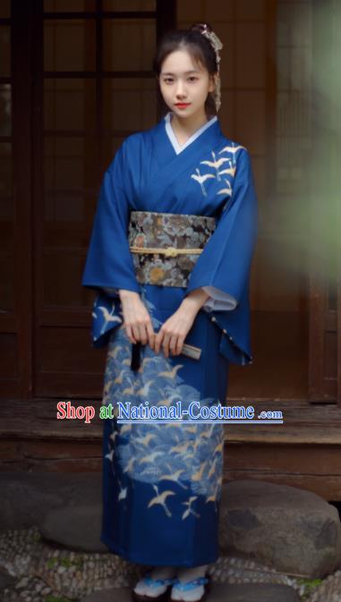 Japanese Handmade Printing Deep Blue Kimono Costume Japan Traditional Yukata Dress for Women