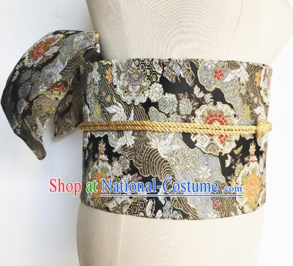 Japanese Handmade Kimono Waist Accessories Black Brocade Waistband Japan Traditional Yukata Belts for Women