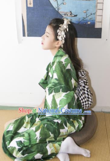 Japanese Handmade Printing Green Kimono Japan Traditional Yukata Dress Costume for Women