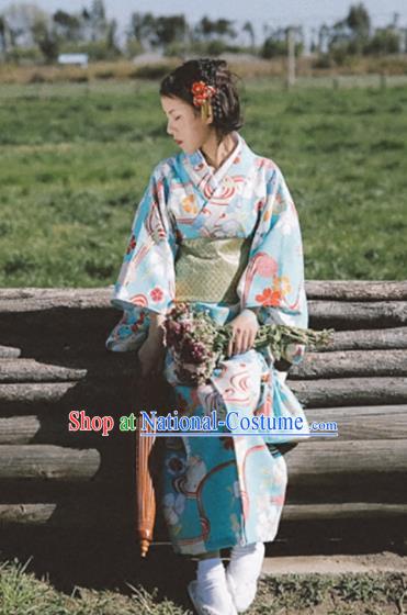 Japanese Handmade Printing Blue Kimono Japan Traditional Yukata Dress Costume for Women