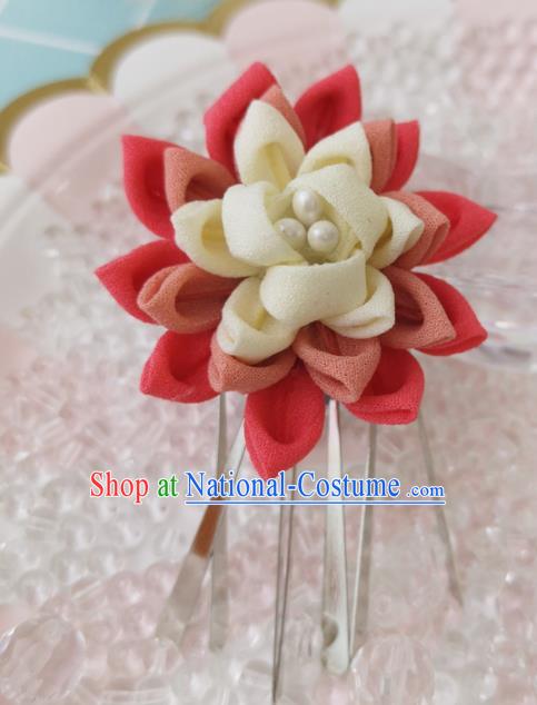 Japanese Handmade Kimono Hair Accessories Japan Traditional Yukata Red Silk Flowers Hairpins for Women