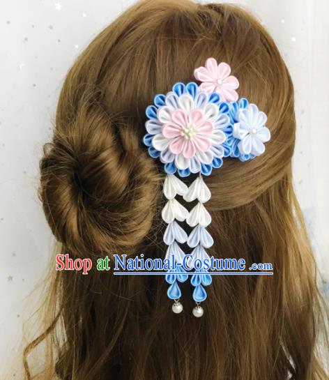 Japanese Handmade Kimono Hair Accessories Japan Traditional Yukata Blue Flowers Tassel Hairpins for Women