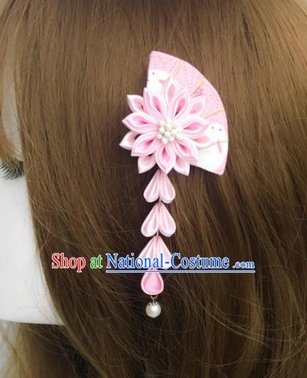 Japan Traditional Yukata Pink Fan Flowers Tassel Hair Claw Japanese Handmade Kimono Hair Accessories for Women