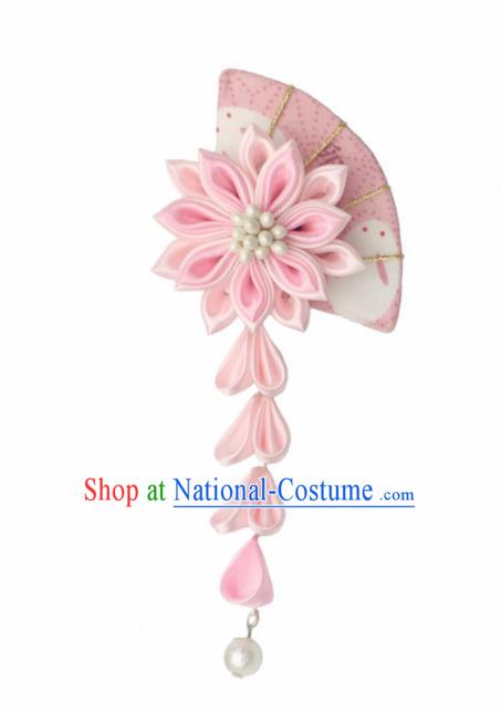 Japan Traditional Yukata Pink Fan Flowers Tassel Hair Claw Japanese Handmade Kimono Hair Accessories for Women