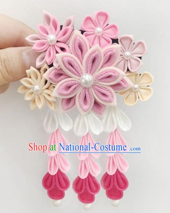 Japan Traditional Yukata Pink Flowers Tassel Hair Claw Japanese Handmade Kimono Hair Accessories for Women