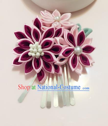 Japan Traditional Geisha Yukata Pink Flowers Tassel Hair Claw Japanese Handmade Kimono Hair Accessories for Women