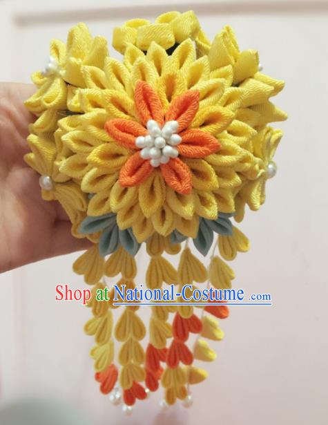 Japan Traditional Geisha Yellow Flowers Tassel Hairpins Japanese Handmade Kimono Hair Accessories for Women