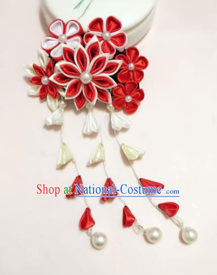 Japanese Traditional Geisha Red Sakura Tassel Hairpins Japan Handmade Kimono Hair Accessories for Women