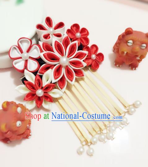 Japanese Traditional Geisha Red Sakura Tassel Hairpins Japan Handmade Kimono Hair Accessories for Women