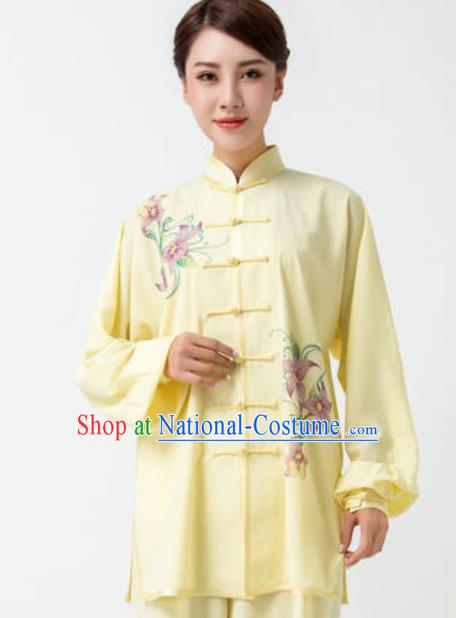 Chinese Traditional Tai Chi Printing Yellow Costume Martial Arts Uniform Kung Fu Wushu Clothing for Women