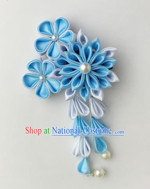 Japan Traditional Yukata Blue Flowers Tassel Hair Claw Japanese Handmade Kimono Hair Accessories for Women