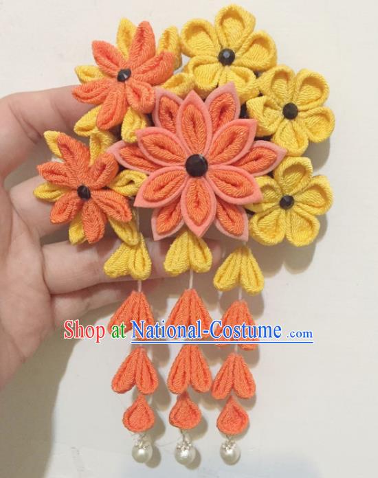 Japan Traditional Yukata Orange Flowers Tassel Hair Claw Japanese Handmade Kimono Hair Accessories for Women