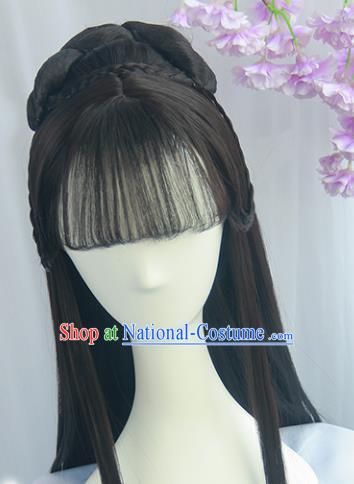 Handmade Chinese Ancient Ming Dynasty Princess Headpiece Chignon Traditional Hanfu Blunt Bangs Wigs Sheath for Women