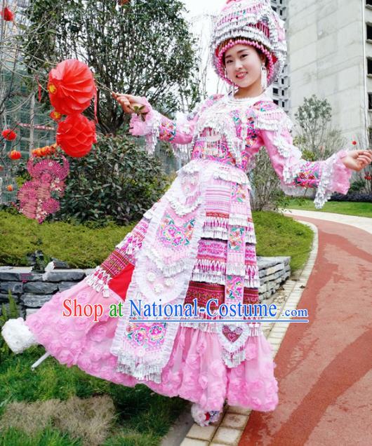 Traditional Chinese Minority Ethnic Folk Dance Bride Pink Dress Miao Nationality Stage Performance Costume and Hat for Women