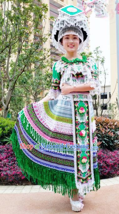 Traditional Chinese Minority Ethnic Folk Dance Green Dress Miao Nationality Stage Performance Costume and Hat for Women