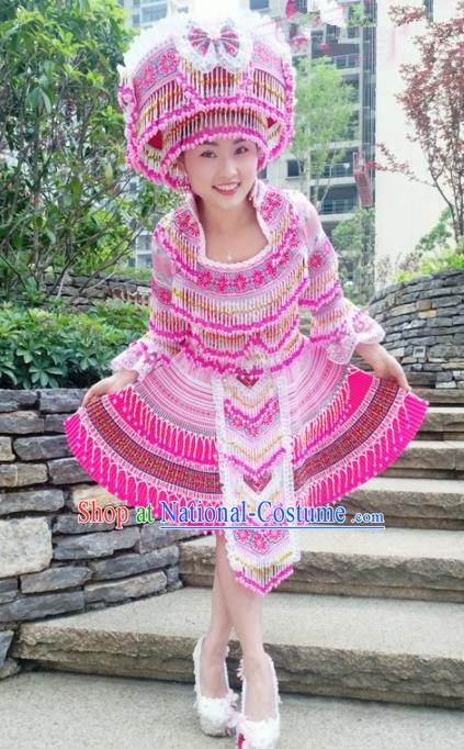 Traditional Chinese Minority Ethnic Bride Folk Dance Pink Short Dress Miao Nationality Stage Performance Costume and Hat for Women