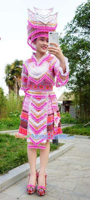 Traditional Chinese Minority Ethnic Folk Dance Embroidery Pink Short Dress Miao Nationality Stage Performance Costume and Hat for Women