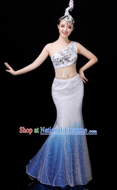 Traditional Chinese Minority Ethnic Peacock Dance White Dress Dai Nationality Stage Performance Costume for Women