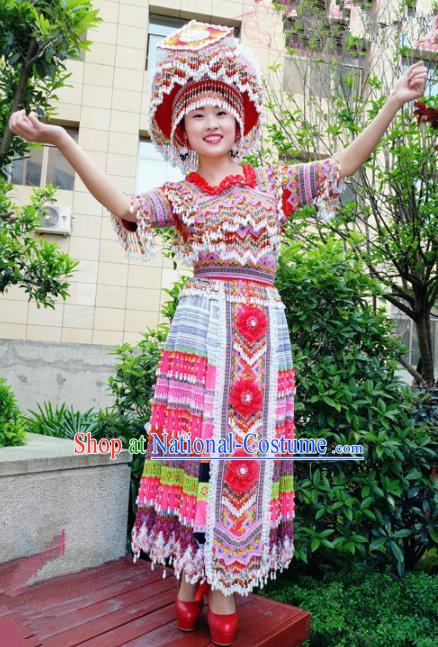 Traditional Chinese Minority Ethnic Folk Dance Embroidery Dress Miao Nationality Stage Performance Costume and Hat for Women