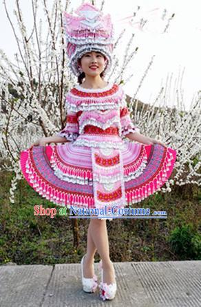 Traditional Chinese Minority Ethnic Folk Dance Short Dress Miao Nationality Stage Performance Costume and Hat for Women