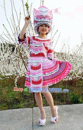 Traditional Chinese Minority Ethnic Folk Dance Short Dress Miao Nationality Stage Performance Costume and Hat for Women