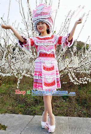 Traditional Chinese Minority Ethnic Folk Dance Short Dress Miao Nationality Stage Performance Costume and Hat for Women