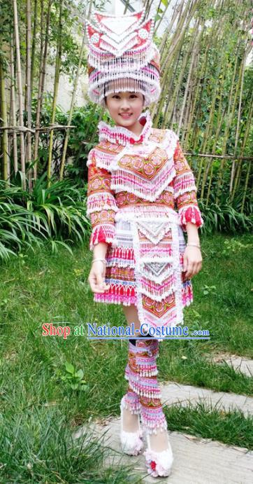 Traditional Chinese Miao Nationality Folk Dance Red Short Dress Minority Ethnic Wedding Stage Performance Costume for Women