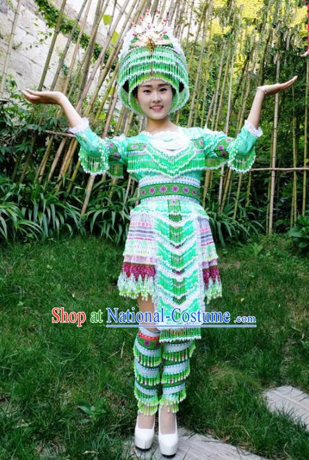 Traditional Chinese Miao Nationality Folk Dance Beads Tassel Green Short Dress Minority Ethnic Wedding Stage Performance Costume for Women