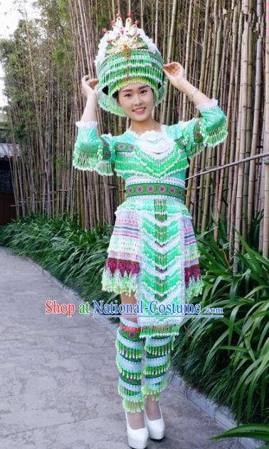 Traditional Chinese Miao Nationality Folk Dance Beads Tassel Green Short Dress Minority Ethnic Wedding Stage Performance Costume for Women