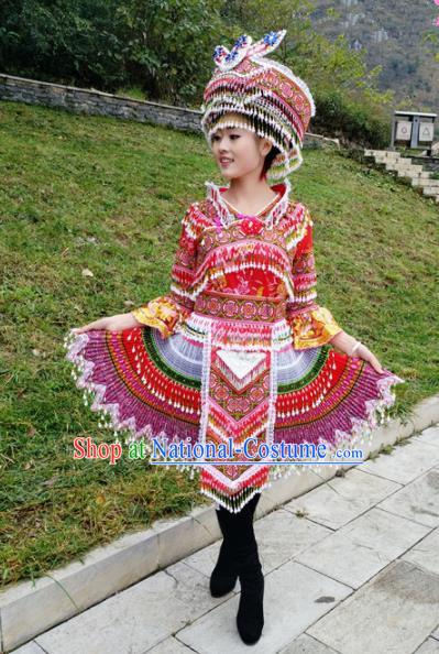 Traditional Chinese Miao Nationality Stage Performance Costume Minority Ethnic Folk Dance Red Short Dress and Hat for Women