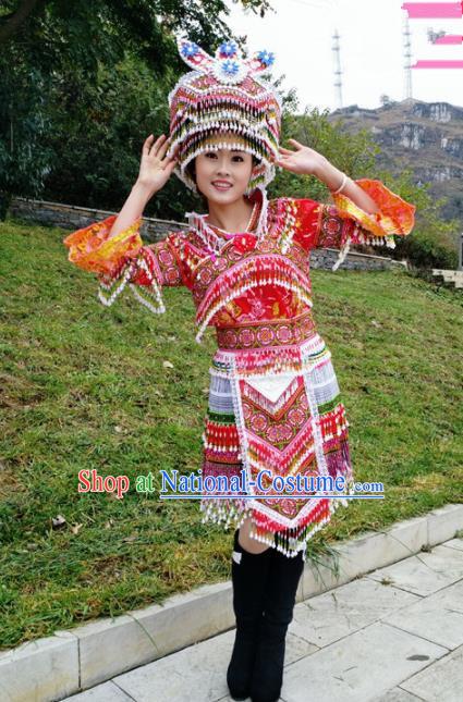 Traditional Chinese Miao Nationality Stage Performance Costume Minority Ethnic Folk Dance Red Short Dress and Hat for Women