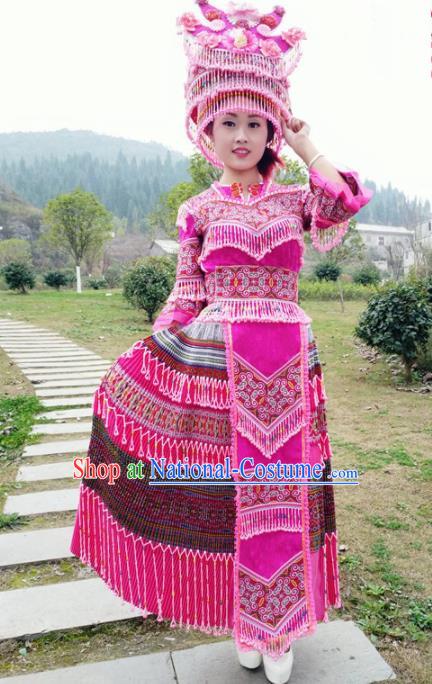 Traditional Chinese Minority Ethnic Folk Dance Rosy Dress Miao Nationality Stage Performance Costume and Hat for Women