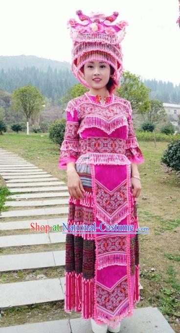 Traditional Chinese Minority Ethnic Folk Dance Rosy Dress Miao Nationality Stage Performance Costume and Hat for Women