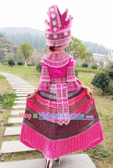 Traditional Chinese Minority Ethnic Folk Dance Rosy Dress Miao Nationality Stage Performance Costume and Hat for Women