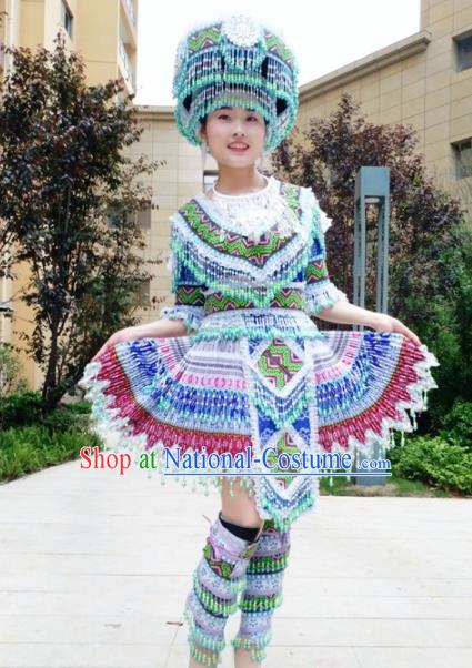 Traditional Chinese Minority Ethnic Folk Dance Embroidery Blue Short Dress Miao Nationality Stage Performance Costume and Hat for Women