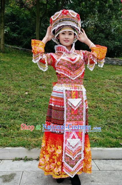 Traditional Chinese Miao Nationality Bride Embroidered Red Long Dress Minority Ethnic Folk Dance Stage Performance Costume for Women