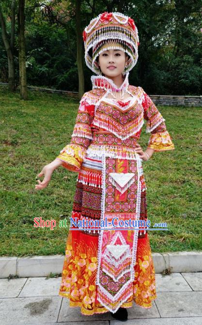 Traditional Chinese Miao Nationality Bride Embroidered Red Long Dress Minority Ethnic Folk Dance Stage Performance Costume for Women