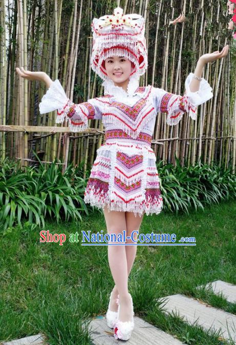 Traditional Chinese Miao Nationality Female Embroidered White Short Dress Minority Ethnic Folk Dance Stage Performance Costume for Women