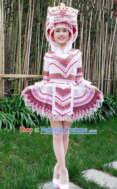 Traditional Chinese Miao Nationality Female Embroidered White Short Dress Minority Ethnic Folk Dance Stage Performance Costume for Women