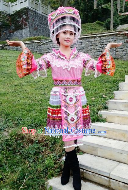 Traditional Chinese Miao Nationality Female Pink Costume Minority Ethnic Folk Dance Stage Performance Short Dress and Hat for Women