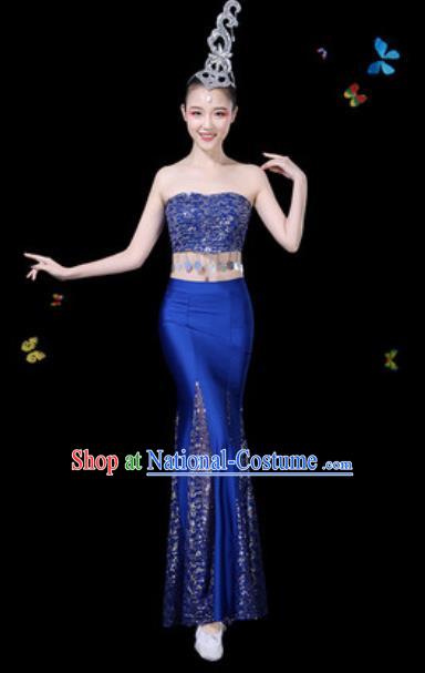 Traditional Chinese Minority Ethnic Peacock Dance Royalblue Dress Dai Nationality Stage Performance Costume for Women