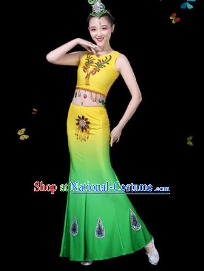 Traditional Chinese Minority Ethnic Peacock Dance Gradient Yellow Dress Dai Nationality Stage Performance Costume for Women