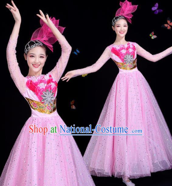 Traditional Chinese Modern Dance Pink Veil Dress Spring Festival Gala Opening Dance Stage Performance Costume for Women