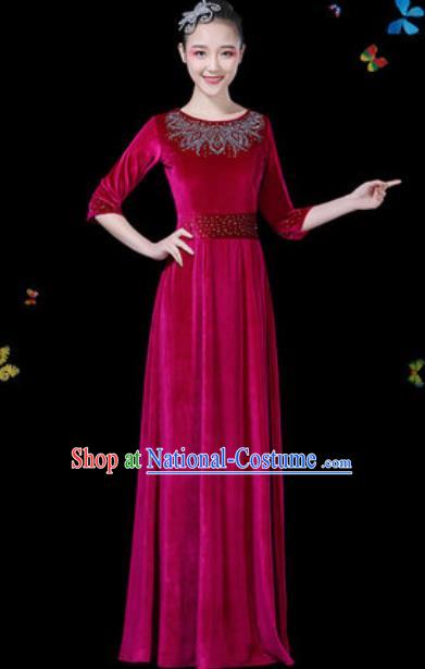 Traditional Chinese Modern Dance Wine Red Dress Chorus Stage Performance Costume for Women