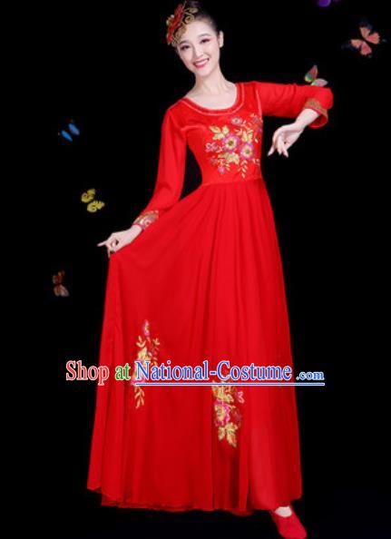 Traditional Chinese Modern Dance Red Dress Chorus Stage Performance Costume for Women