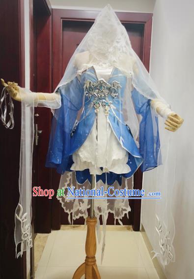 Traditional Chinese Cosplay Female Knight Blue Hanfu Dress Ancient Swordswoman Embroidered Costume for Women